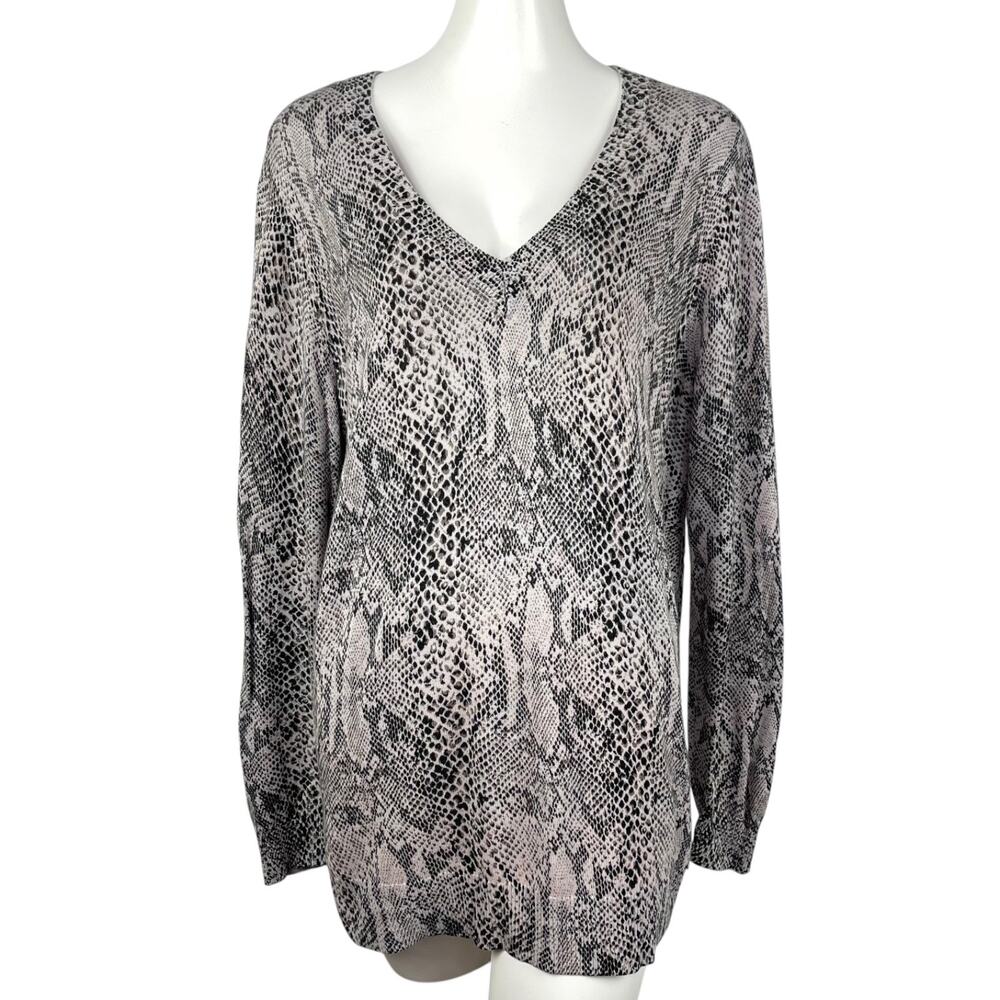 Michael Kors Snakeskin Print Tunic Knit Sweater Women's XL Beige Black V-Neck